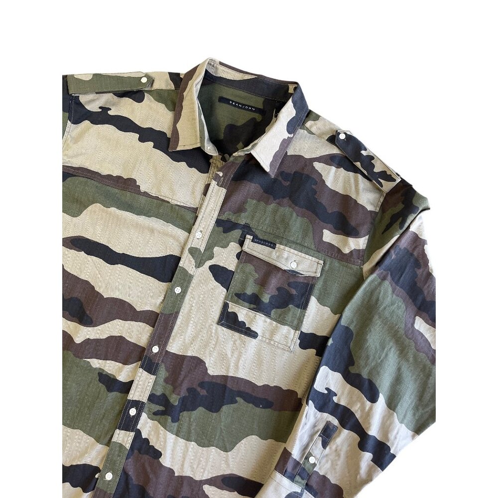 Sean John Camo Button-Up Shirt Long Sleeve 4XB Green Brown Mens Casual Style